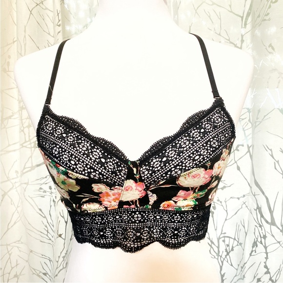 INTIMATELY FREE PEOPLE black white pink floral print lace bralette - Picture 2 of 6